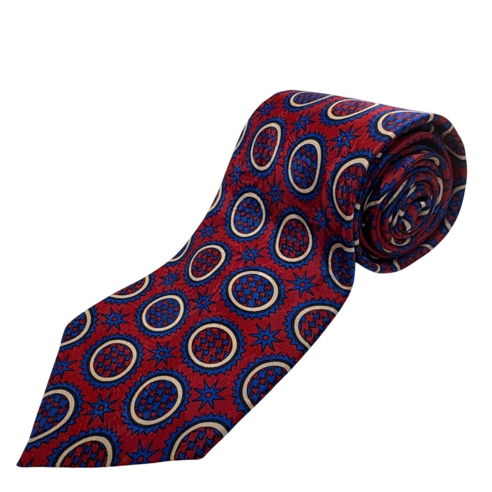 Barry Wells Sun Of Houndstooth Silk Necktie Red Blue Geometric TALL‎ 60in